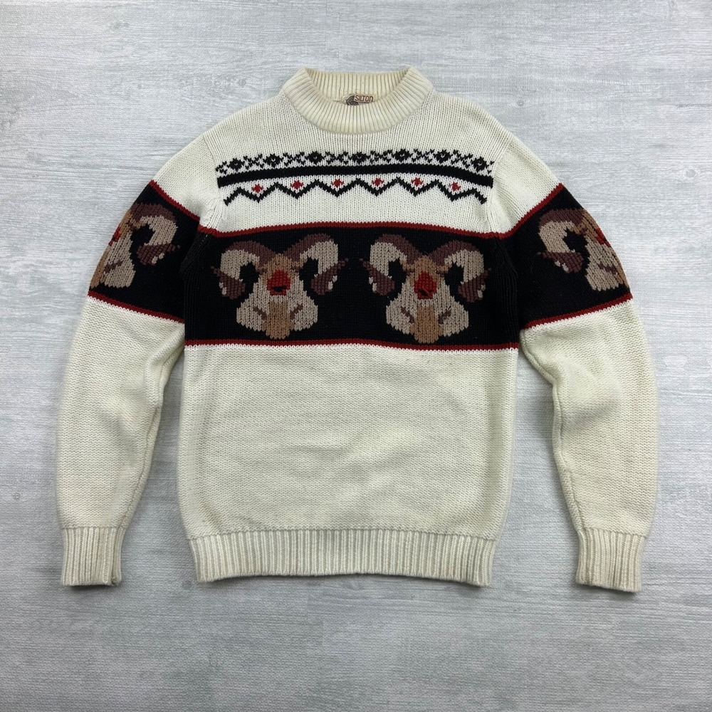 Vintage 60s Moose Silton Sweater Size Large Cream Knit Pull Over Geometric